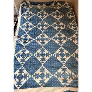 Handmade Unfinished Cotton Indigo quilt top size 72x78 Blue White AA